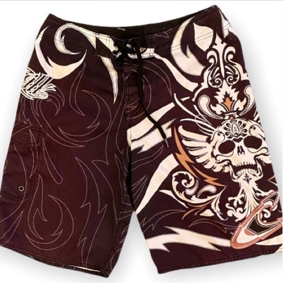 O’Neill 32 Skull Boardshorts, Brown / White , Gothic Skull, Logo Day Of The Dead - Picture 8 of 9